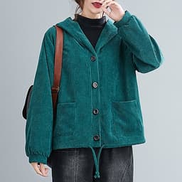 Women Winter Hooded Coat Corduroy Fleece Lining Buttons Pockets Adjustable Drawstring Loose Casual Warm Outerwear