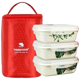 Hộp Đựng Cơm Cà Men Giữ Nhiệt 3 Tầng Happy Cook Chất Liệu Gốm Sứ Chịu Nhiệt 1400 Độ C Tặng Túi Đựng Giữ Nhiệt Cao Cấp -Hàng Chính Hãng