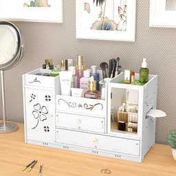 Kệ đựng mỹ phẩm, để đồ trang điểm, đồ trang sức, kệ gỗ để bàn kèm gương trang điểm cao cấp - Tặng kèm móc khóa khung hình thời trang