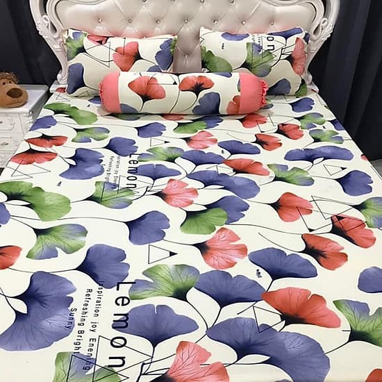Bộ Drap Thun Lạnh Hàn Quốc (Drap Và 3 Áo Gối) - Hoa Giấy Cam