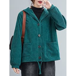 Women Winter Hooded Coat Corduroy Fleece Lining Buttons Pockets Adjustable Drawstring Loose Casual Warm Outerwear