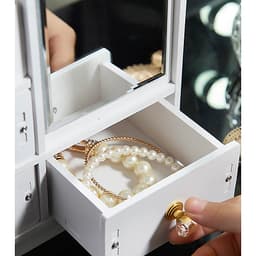 Kệ đựng mỹ phẩm, để đồ trang điểm, đồ trang sức, kệ gỗ để bàn kèm gương trang điểm cao cấp - Tặng kèm móc khóa khung hình thời trang