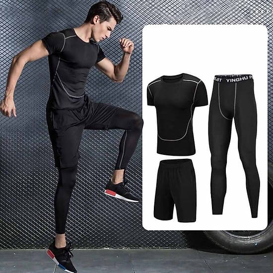 Set 2 in 1 Quần áo gym nam, Quần áo legging nam, Quần áo gym giữ nhiệt nam - Thích hợp tập gym, đá bóng, chạy bộ, bóng rổ hoặc giữ ấm cơ thể - Quần áo tập gym nam chất liệu thun lạnh cao cấp ôm body (không gồm quần đùi) (SP007)