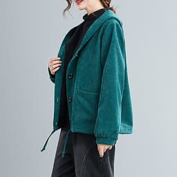 Women Winter Hooded Coat Corduroy Fleece Lining Buttons Pockets Adjustable Drawstring Loose Casual Warm Outerwear