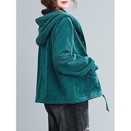 Women Winter Hooded Coat Corduroy Fleece Lining Buttons Pockets Adjustable Drawstring Loose Casual Warm Outerwear