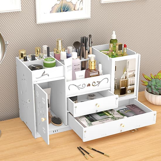 Kệ đựng mỹ phẩm, để đồ trang điểm, đồ trang sức, kệ gỗ để bàn kèm gương trang điểm cao cấp - Tặng kèm móc khóa khung hình thời trang