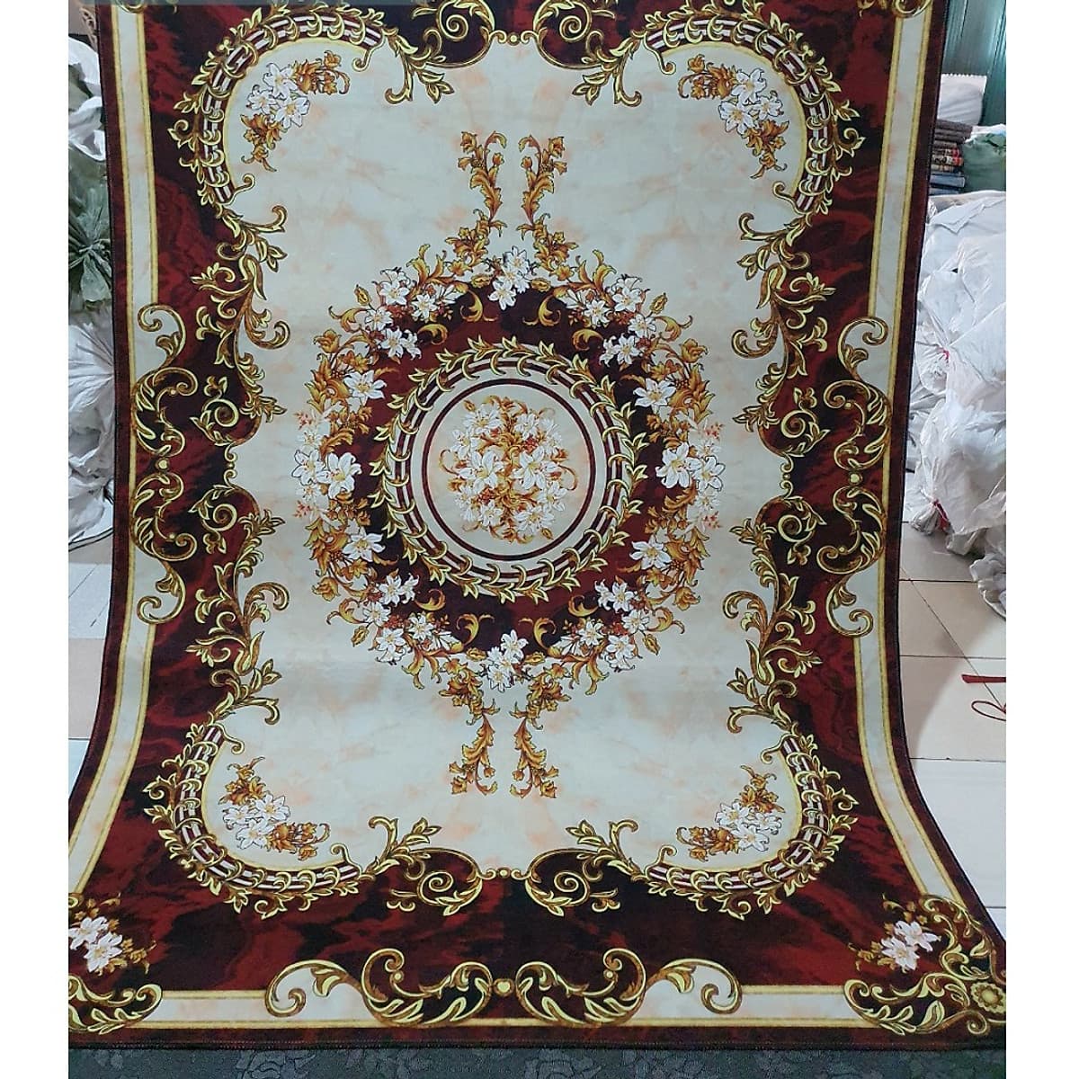 Thảm trang trí trải sàn Sofa phòng khách sang trọng hiện đại Bali in 3D Nhung nỉ lì cao cấp BL41 - Đa Giác Cam