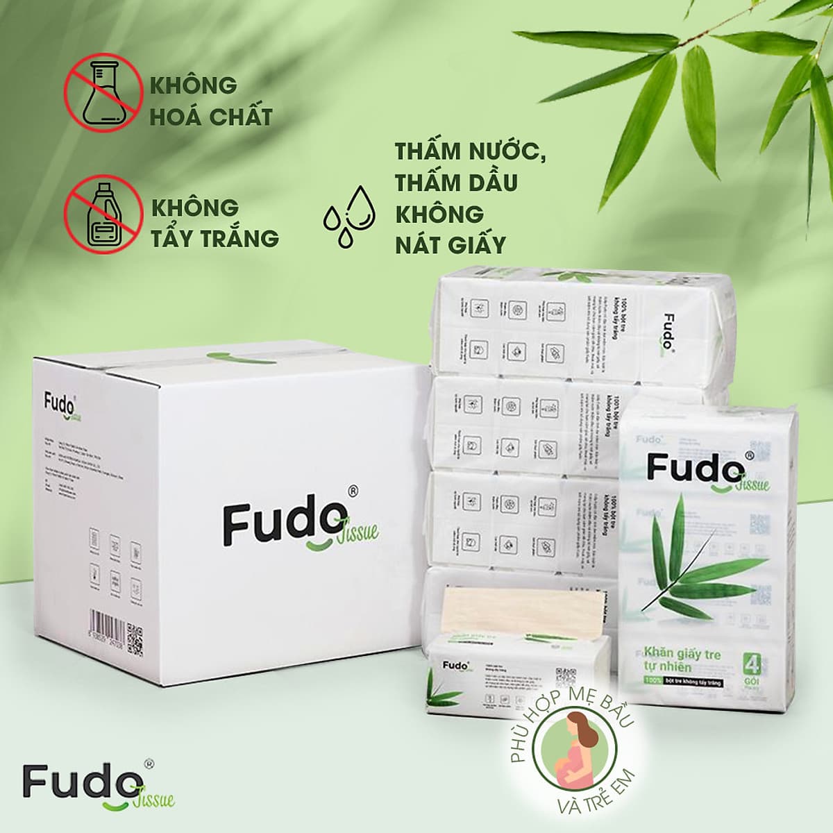 Khăn giấy tre Fudo - Combo 20 Gói Giấy Ăn (1 thùng): 100% bột tre, không tạo mùi, không tẩy trắng, siêu mềm, siêu mịn, siêu dai