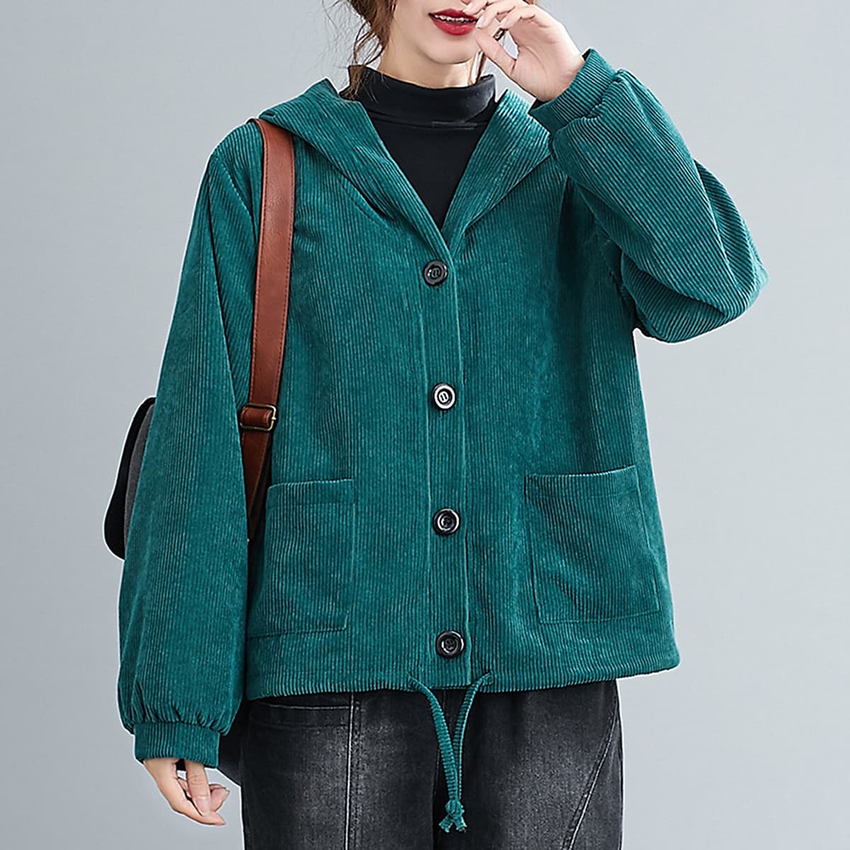 Women Winter Hooded Coat Corduroy Fleece Lining Buttons Pockets Adjustable Drawstring Loose Casual Warm Outerwear