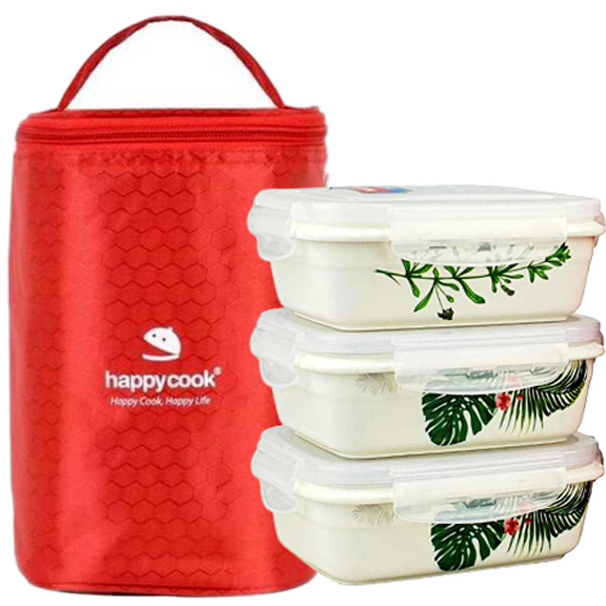 Hộp Cơm Sứ 3 Tầng Chữ Nhật Happycook Tặng Túi Đựng Giữ Nhiệt Cao Cấp - HCC-03R
