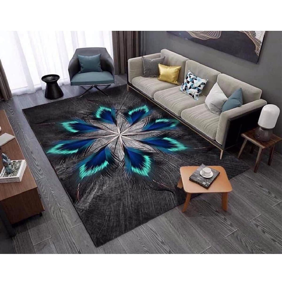 Thảm trang trí trải sàn Sofa phòng khách sang trọng hiện đại Bali in 3D Nhung nỉ lì cao cấp BL41 - Đa Giác Cam