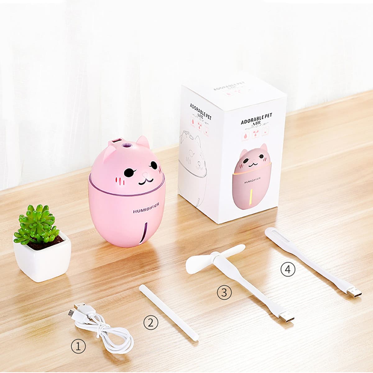 Máy phun sương tạo độ ẩm, khuếch tán tinh dầu hình mèo có đèn Led, quạt mini - Hồng