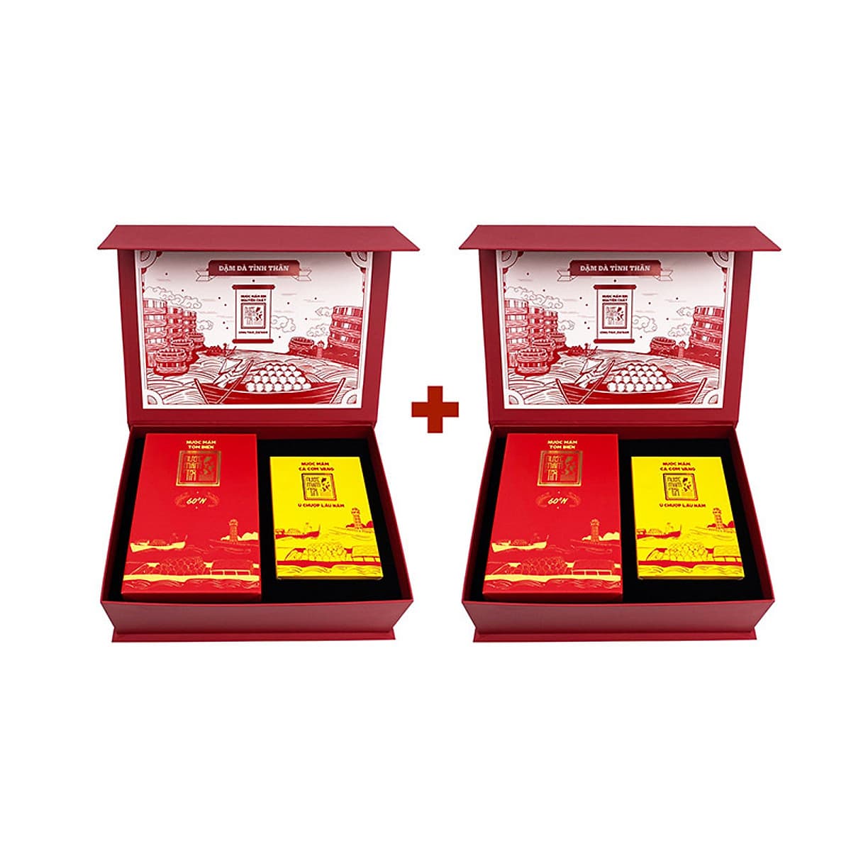 Giỏ quà Đậm Đà Tình Thân bao gồm 2 loại nước mắm Tĩn cao cấp nhất:  Nước mắm Tôm Biển trong Bình Gốm Đỏ, độ đạm 60N, từ tôm biển tươi và nước mắm Cá Cơm Vàng Ruột Đỏ, trong Bình Gốm Vàng, độ đạm 60N, ủ chượp lâu năm.