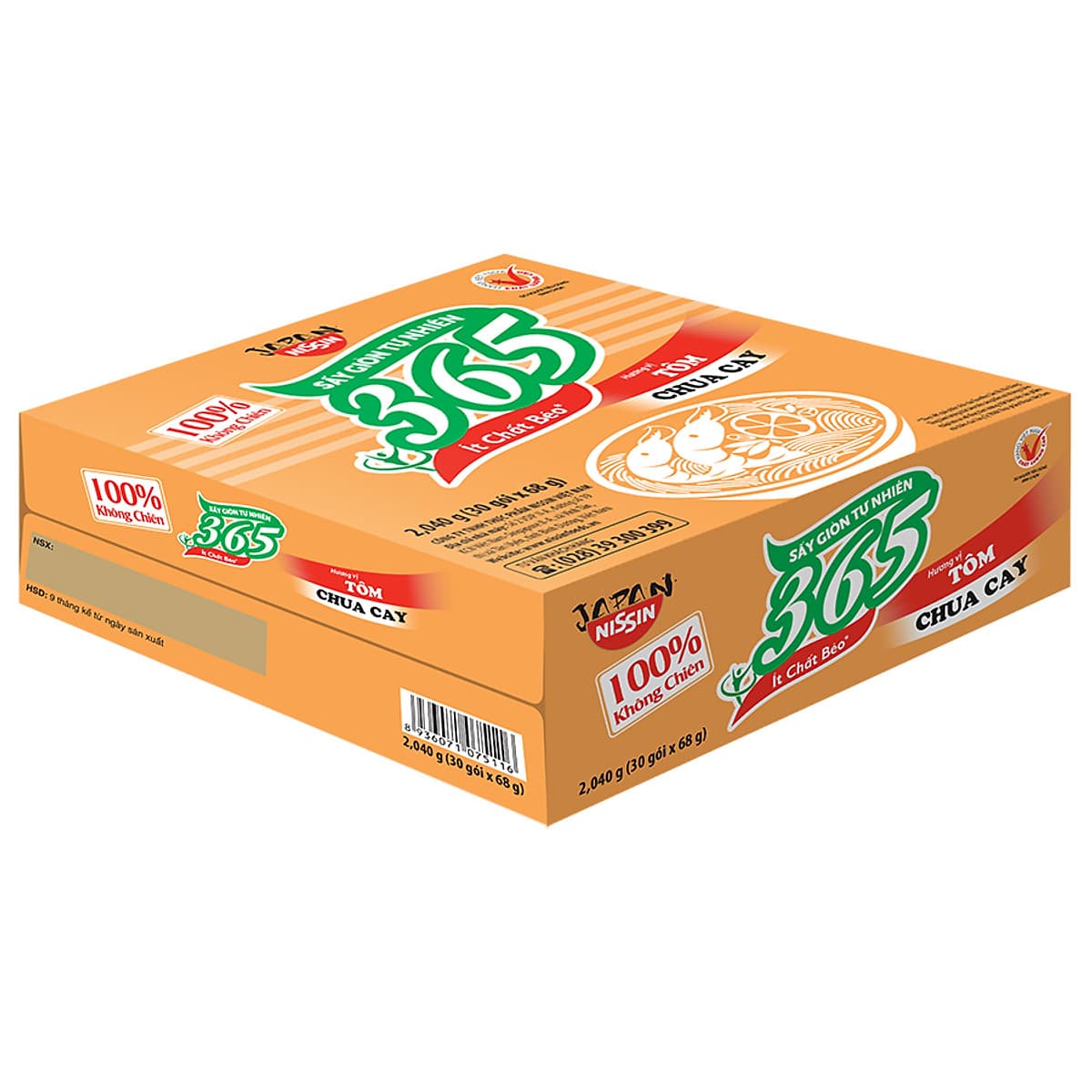 Thùng 30 Gói Mì Không Chiên Nissin 365 - Hương Vị Tôm Chua Cay (68g / Gói)