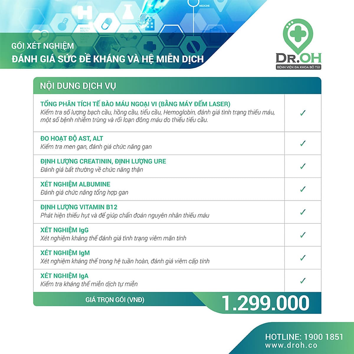 Combo 3- Gói Xét Nghiệm Đánh Giá Sức Đề Kháng Và Hệ Miễn Dịch -  Dịch Vụ Tại Nhà - Dr.Oh - Bệnh Viện Đa Khoa Hồng Đức ( Tặng 3 Xét Nghiệm Tầm Soát Ung Thư Gan  Qua Máu)