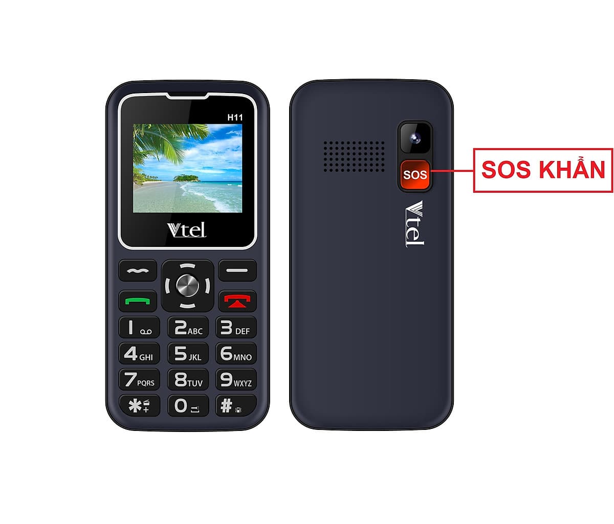 Điện thoại Vtel Happy H11 (Điện thoại cho người già - 2 Sim) - Gọi SOS khẩn,  Số To, Chữ To, Loa to, FM loa ngoài, Pin lớn, Thiết Kế Đẹp - Hàng Chính Hãng