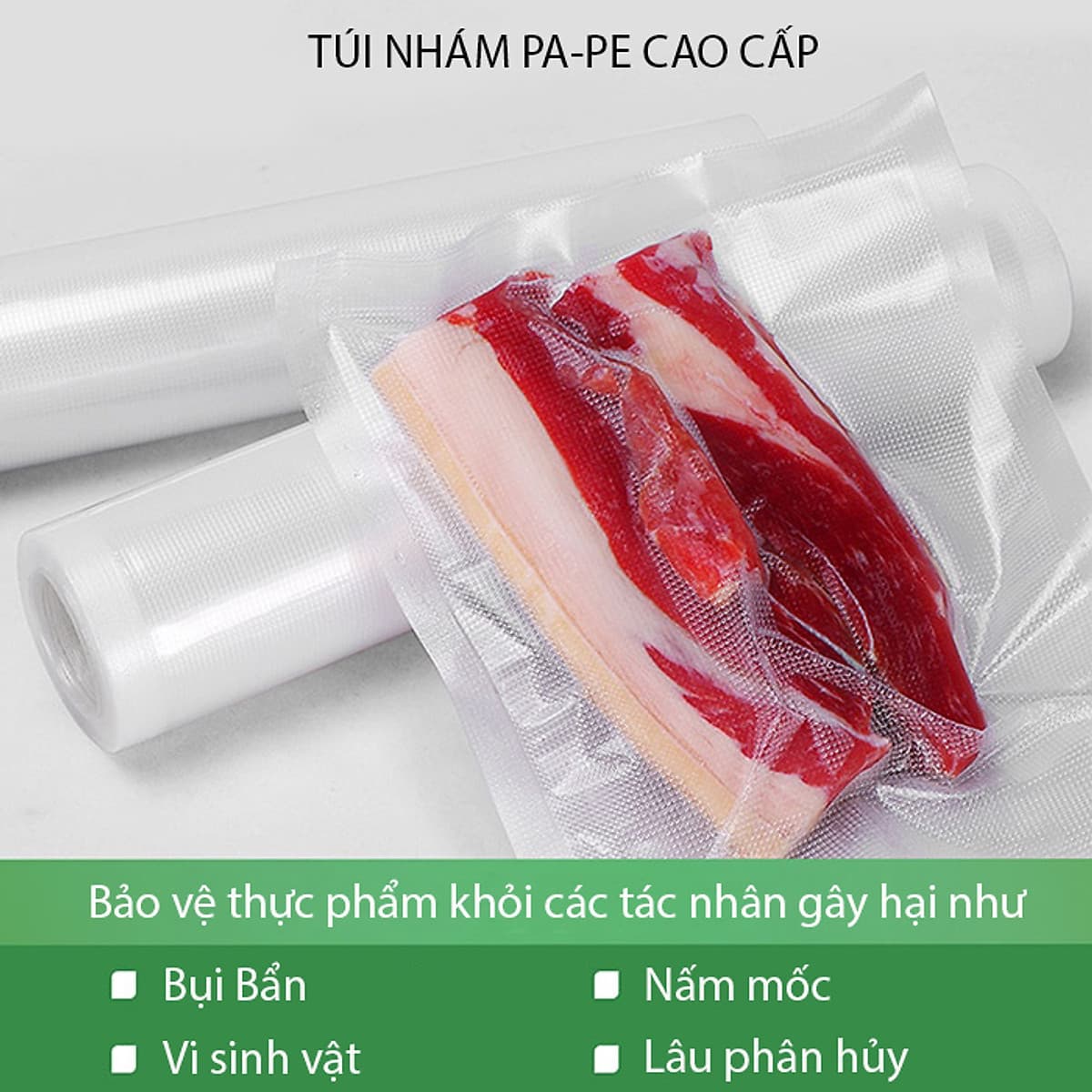 2 Cuộn Túi Hút Chân Không Thực Phẩm Một Mặt Nhám Một Mặt Trơn Dạng Hạt Mịn Hàng Chính Hãng