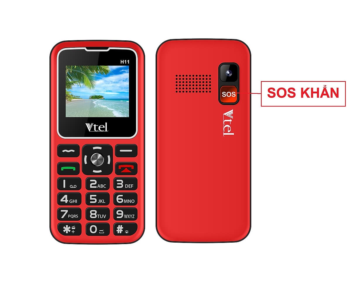 Điện thoại Vtel Happy H11 (Điện thoại cho người già - 2 Sim) - Gọi SOS khẩn,  Số To, Chữ To, Loa to, FM loa ngoài, Pin lớn, Thiết Kế Đẹp - Hàng Chính Hãng