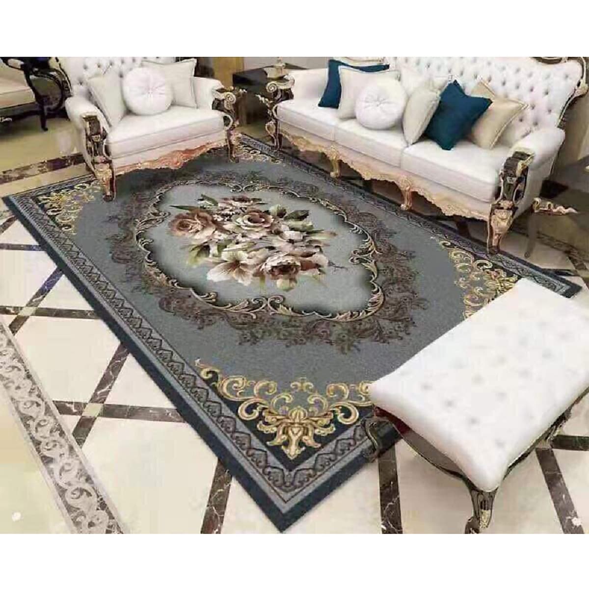 Thảm trải sàn Sofa sang trọng hiện đại trang trí phòng khách Bali in 3D Nhung nỉ lì cao cấp BL09 - Khối tròn vàng