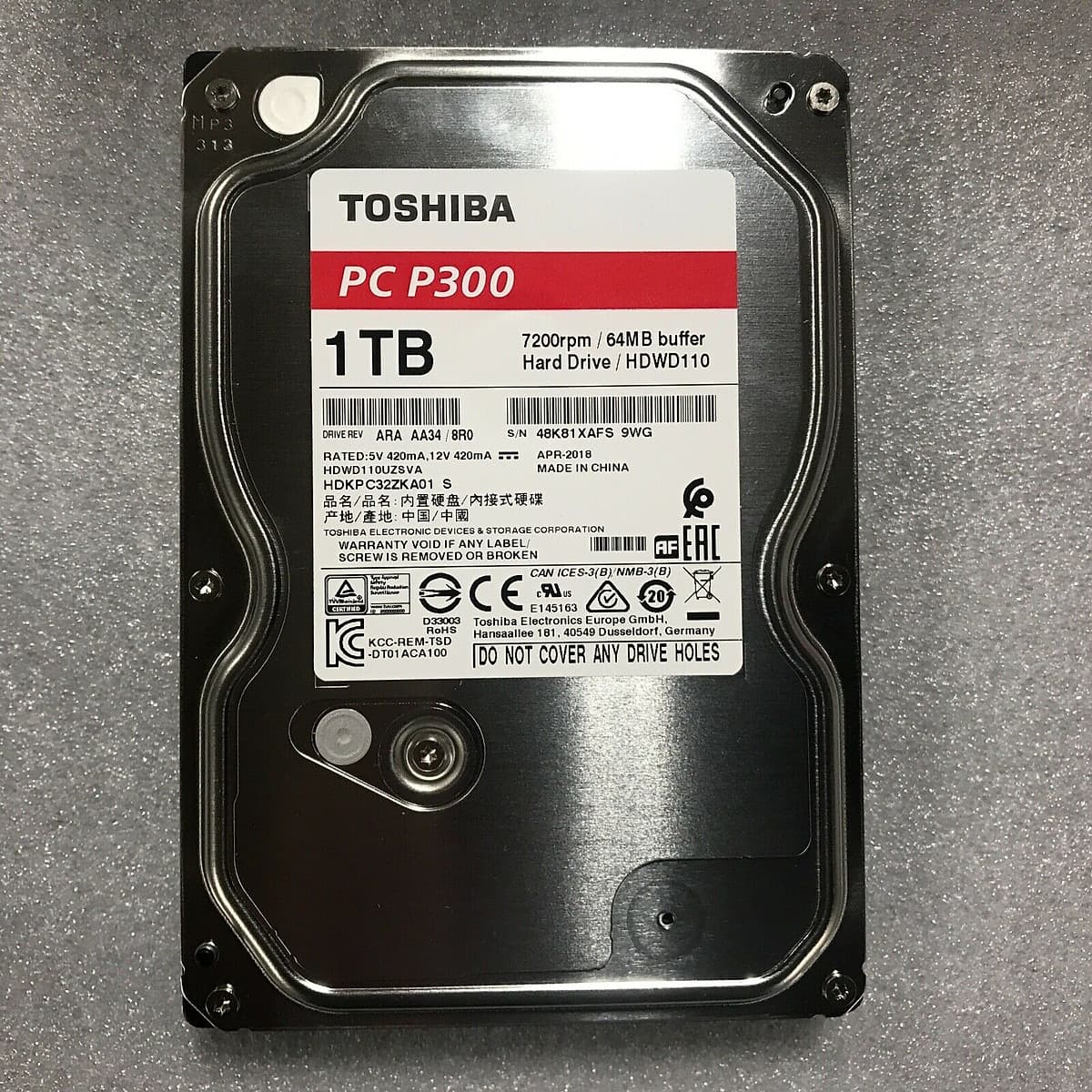Ổ Cứng HDD Toshiba 1TB P300 series (64MB) 7200rpm SATA3 HDWD110UZSVA - Hàng Chính Hãng