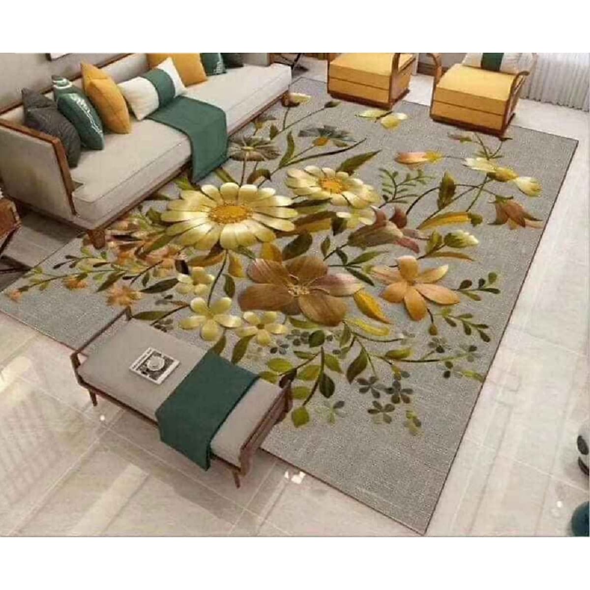 Thảm trải sàn Sofa sang trọng hiện đại trang trí phòng khách Bali in 3D Nhung nỉ lì cao cấp BL09 - Khối tròn vàng