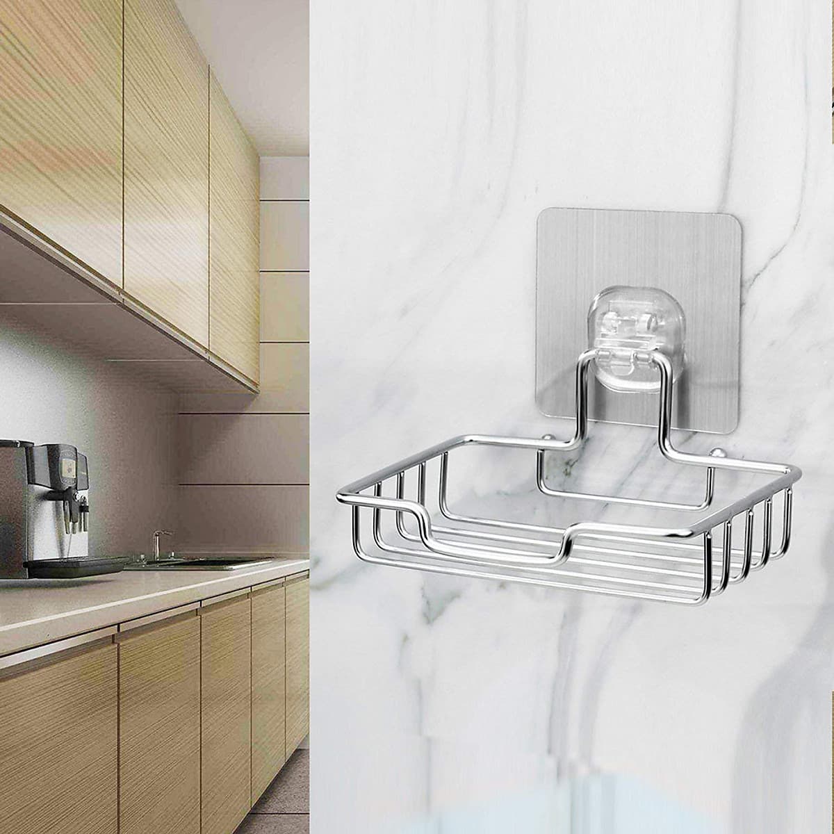 Kệ Xà Phòng Inox Dán Tường Có Kèm Móc Dán Tường - Khay Inox Đựng Xà Phòng Dán Tường Gạch Men Tiện Lợi Không Cần Khoan Tường