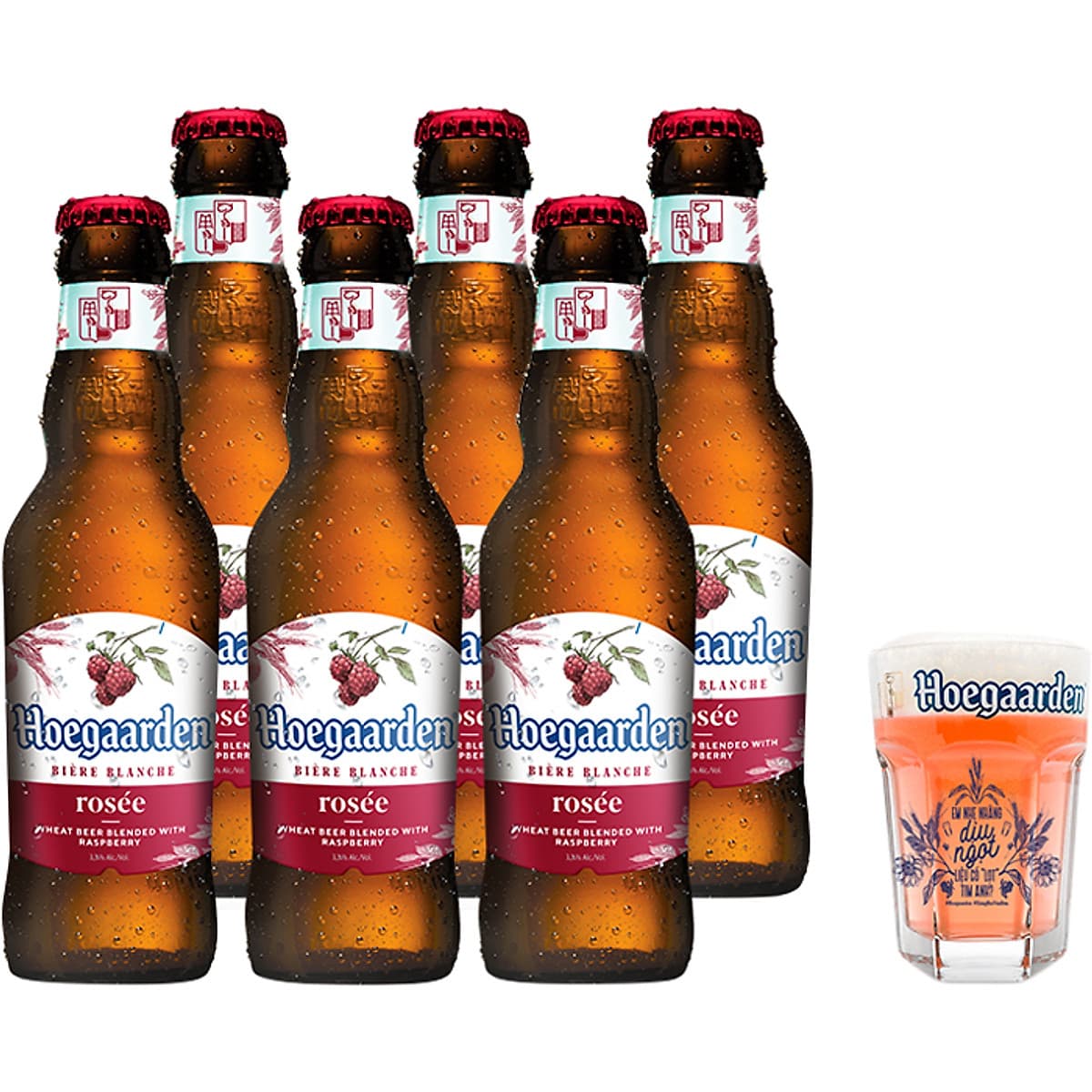 Lốc 6 chai Hoegaarden Rosee Xứng Bia Vừa Bữa (248ml/chai) + 1 ly thủy tinh