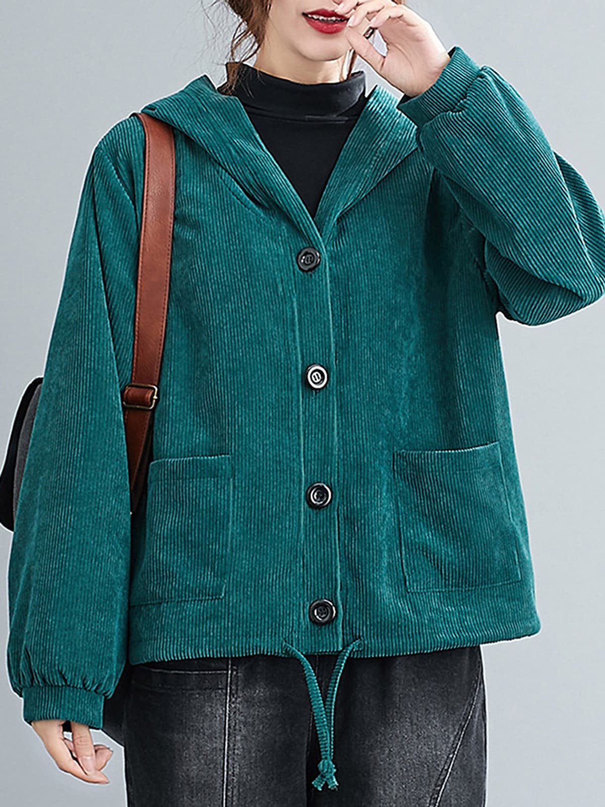 Women Winter Hooded Coat Corduroy Fleece Lining Buttons Pockets Adjustable Drawstring Loose Casual Warm Outerwear