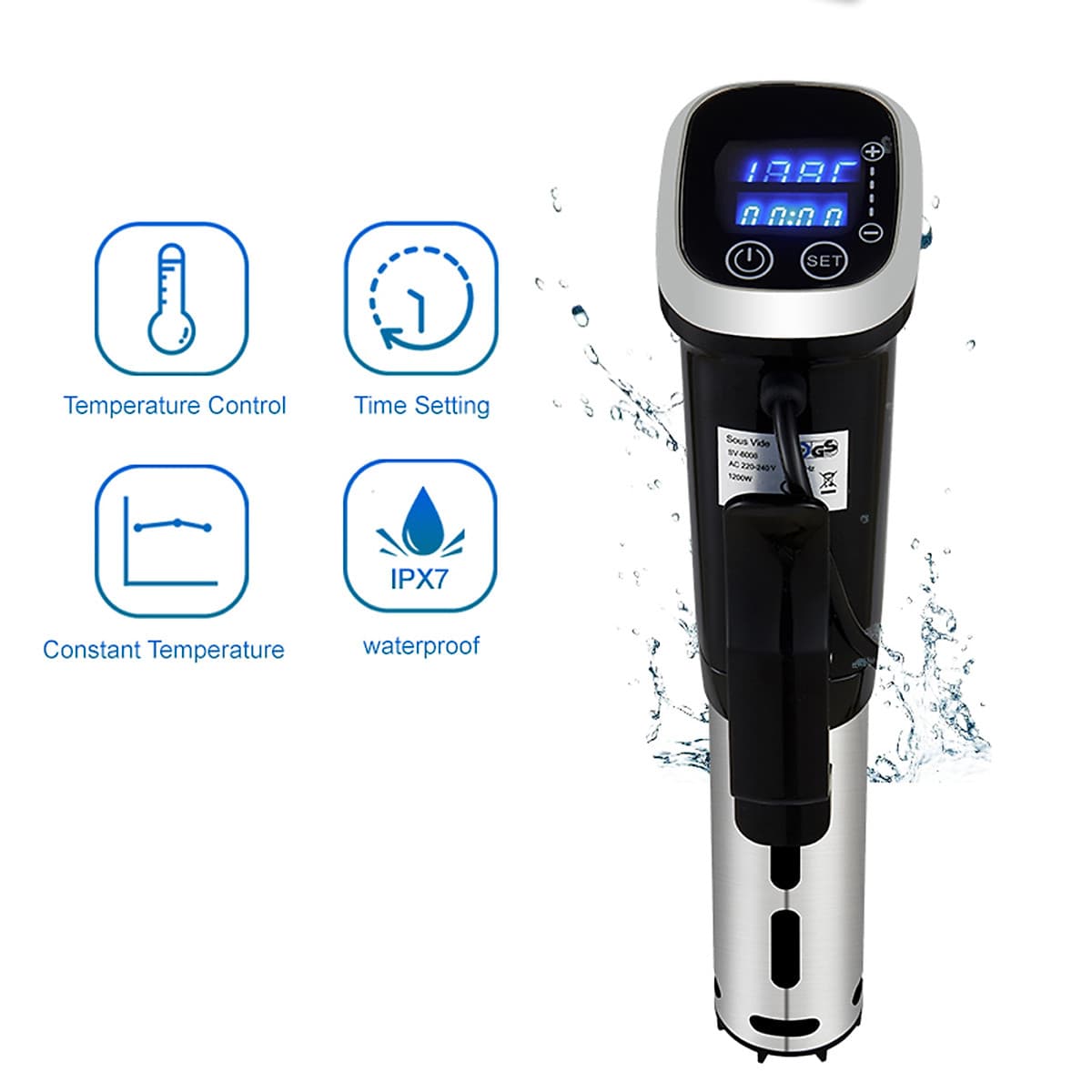 Máy nấu chậm sous vide IPX7 công nghệ chống thấm với màn hình LED và ổ cắm chuẩn châu Âu