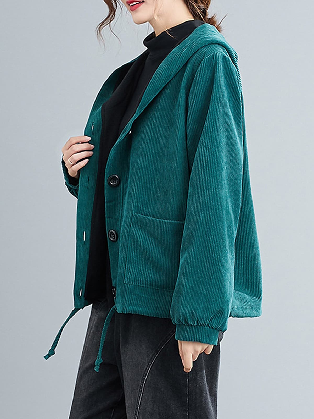 Women Winter Hooded Coat Corduroy Fleece Lining Buttons Pockets Adjustable Drawstring Loose Casual Warm Outerwear