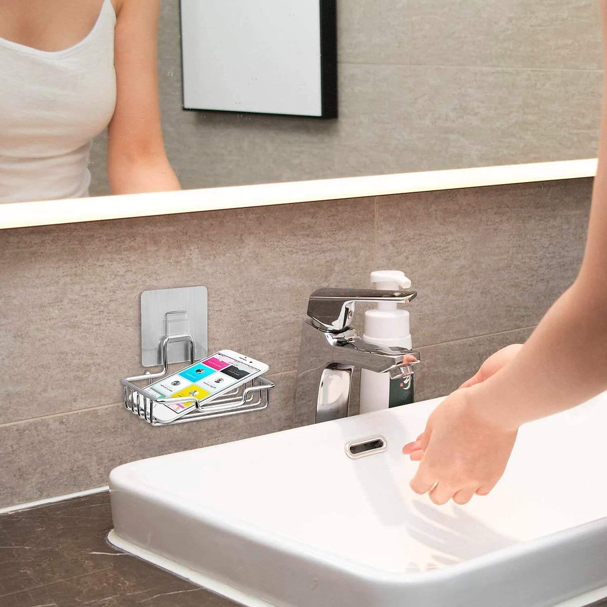 Kệ Xà Phòng Inox Dán Tường Có Kèm Móc Dán Tường - Khay Inox Đựng Xà Phòng Dán Tường Gạch Men Tiện Lợi Không Cần Khoan Tường
