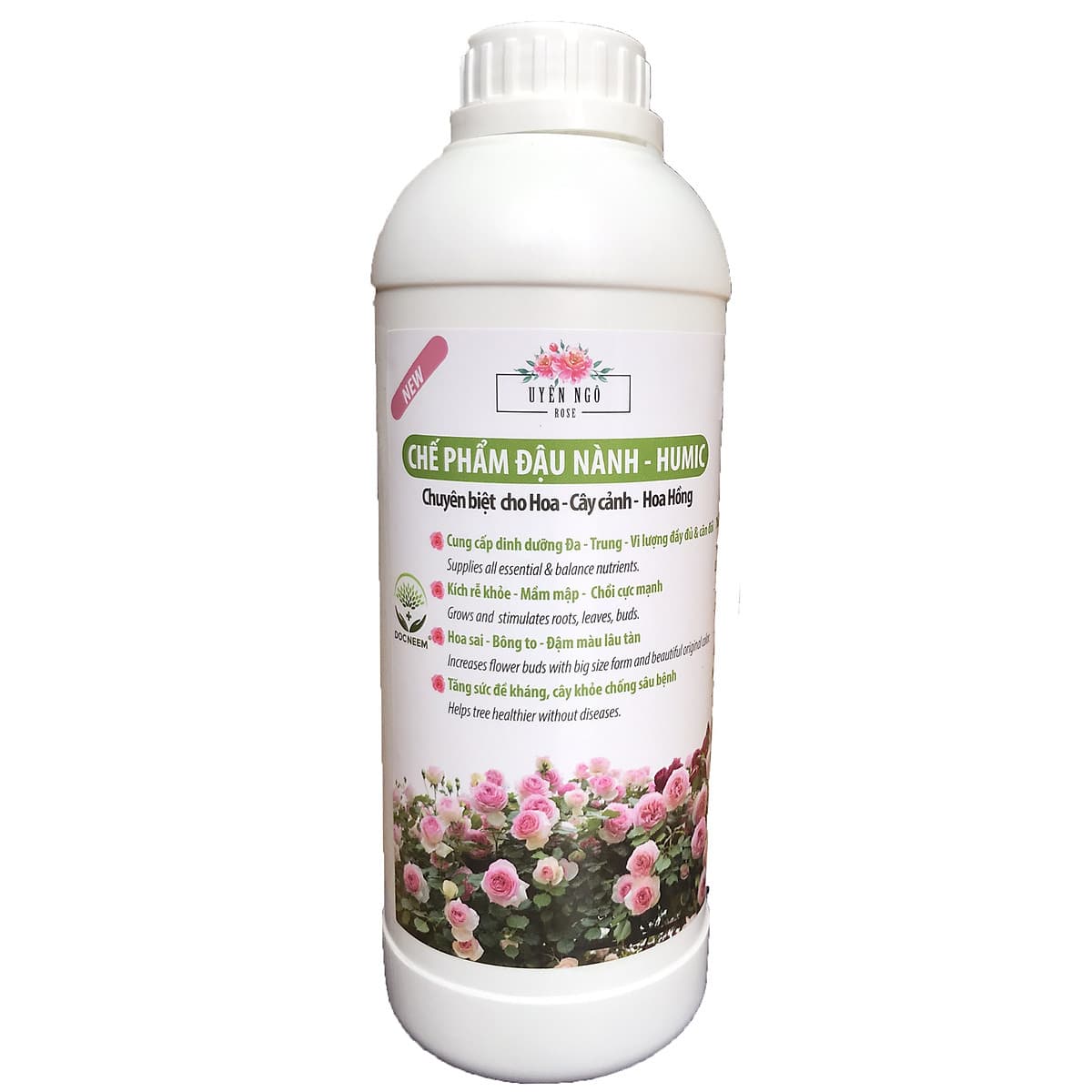 Phân bón hữu cơ đậu tương, đậu nành trứng chuối humic DOCNEEM kích mầm, chồi, hoa chuẩn form trên hoa hồng, cây cảnh, chai 1 lít