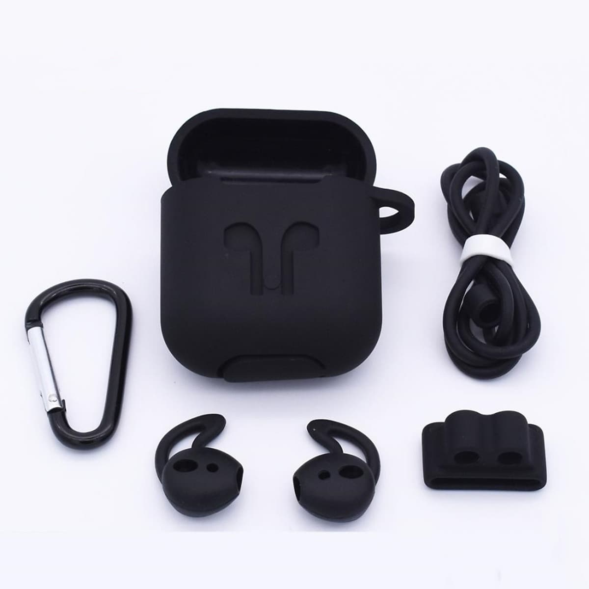 Phụ kiện chống rớt Airpods gồm hộp silicon đựng có móc khoá và dây silicon nối tai nghe quàng cổ, bao bảo vệ tai nghe, đế xỏ đồng hồ cho tai nghe Airpods (không gồm tai nghe)