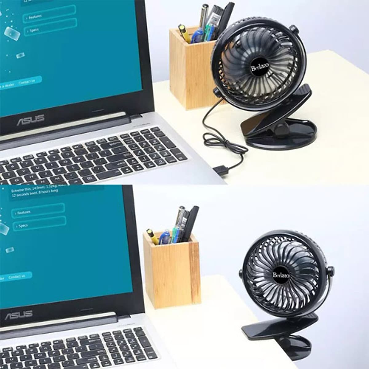 Quạt Mini Pin Sạc Kẹp Bàn Siêu Mát giải pháp tuyệt vời cho học sinh và dân văn phòng mùa hè này.- Màu đen