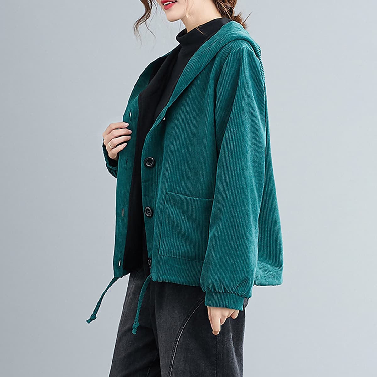 Women Winter Hooded Coat Corduroy Fleece Lining Buttons Pockets Adjustable Drawstring Loose Casual Warm Outerwear