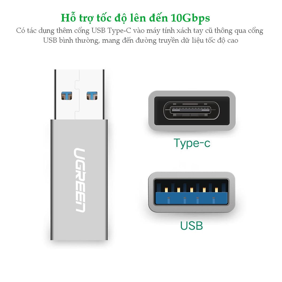 Đầu chuyển đổi USB 3.0 đực sang USB 3.1 Type C cái dùng cho PC, laptop, macbook, điện thoại UGREEN 30705 US204 - Hàng chính hãng
