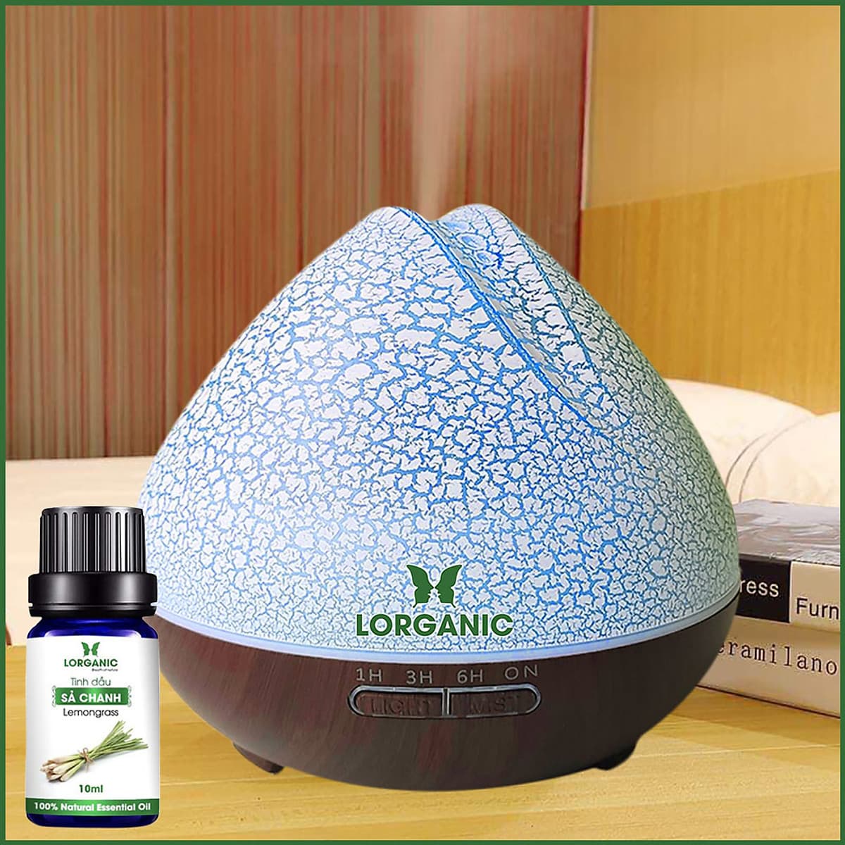 Combo máy khuếch tán/ máy xông tinh dầu Lorganic quả đào FX2059 + tinh dầu sả chanh Lorganic (10ml) LGN0367/ Thích hợp xông phòng diện tích 15-40m2.