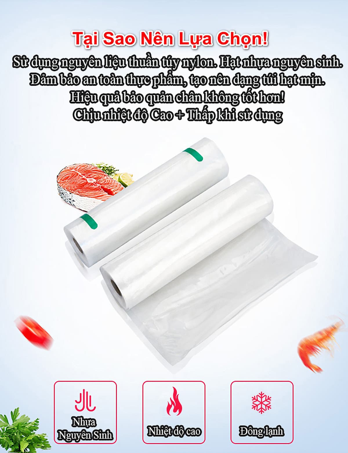 2 Cuộn Túi Hút Chân Không Thực Phẩm Một Mặt Nhám Một Mặt Trơn Dạng Hạt Mịn Hàng Chính Hãng