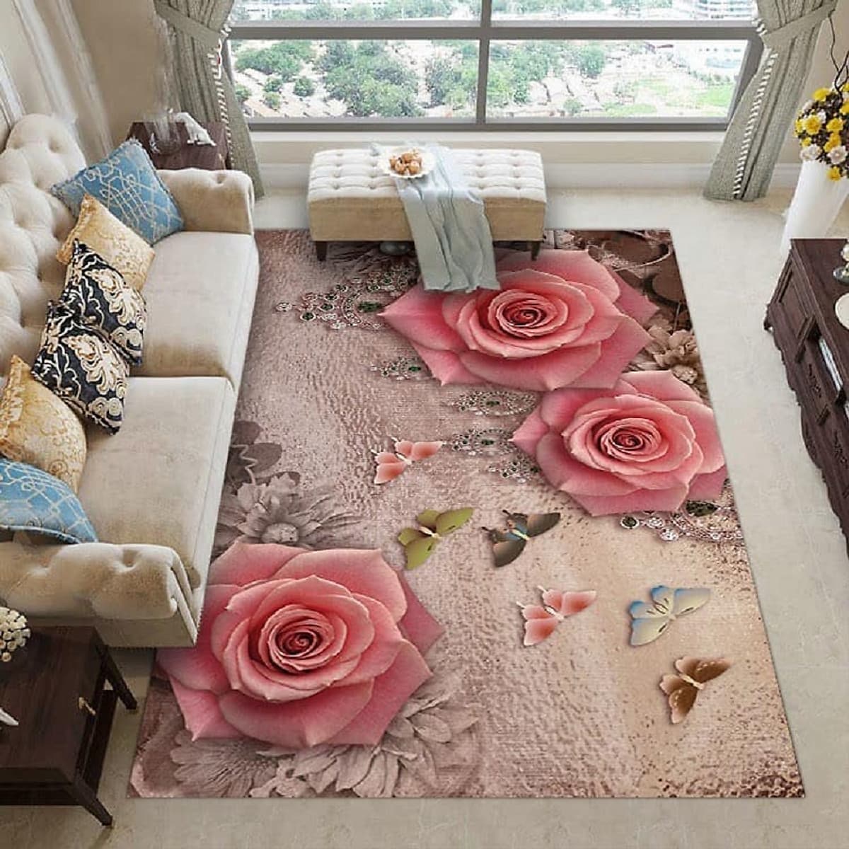 Thảm trải sàn Sofa sang trọng hiện đại trang trí phòng khách Bali in 3D Nhung nỉ lì cao cấp BL09 - Khối tròn vàng