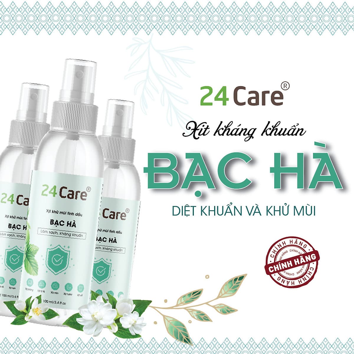 Xịt Phòng Tinh Dầu Bạc Hà Hữu Cơ Organic 24Care 50ML/100ML - Kháng khuẩn - Khử mùi hôi - Đuổi muỗi, côn trùng - Tập trung tinh thần làm việc, lái xe, học hành - Hương thơm thư giãn.