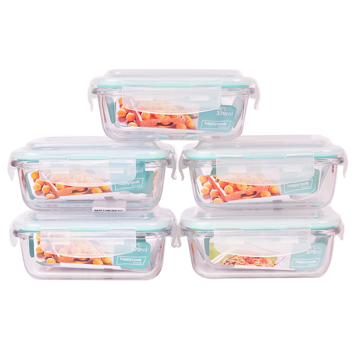 Bộ 5 Hộp Thủy Tinh Chịu Nhiệt Nắp Gài Hình Chữ Nhật Glass Happy Cook HCG-037R*5 (370ml / Hộp)