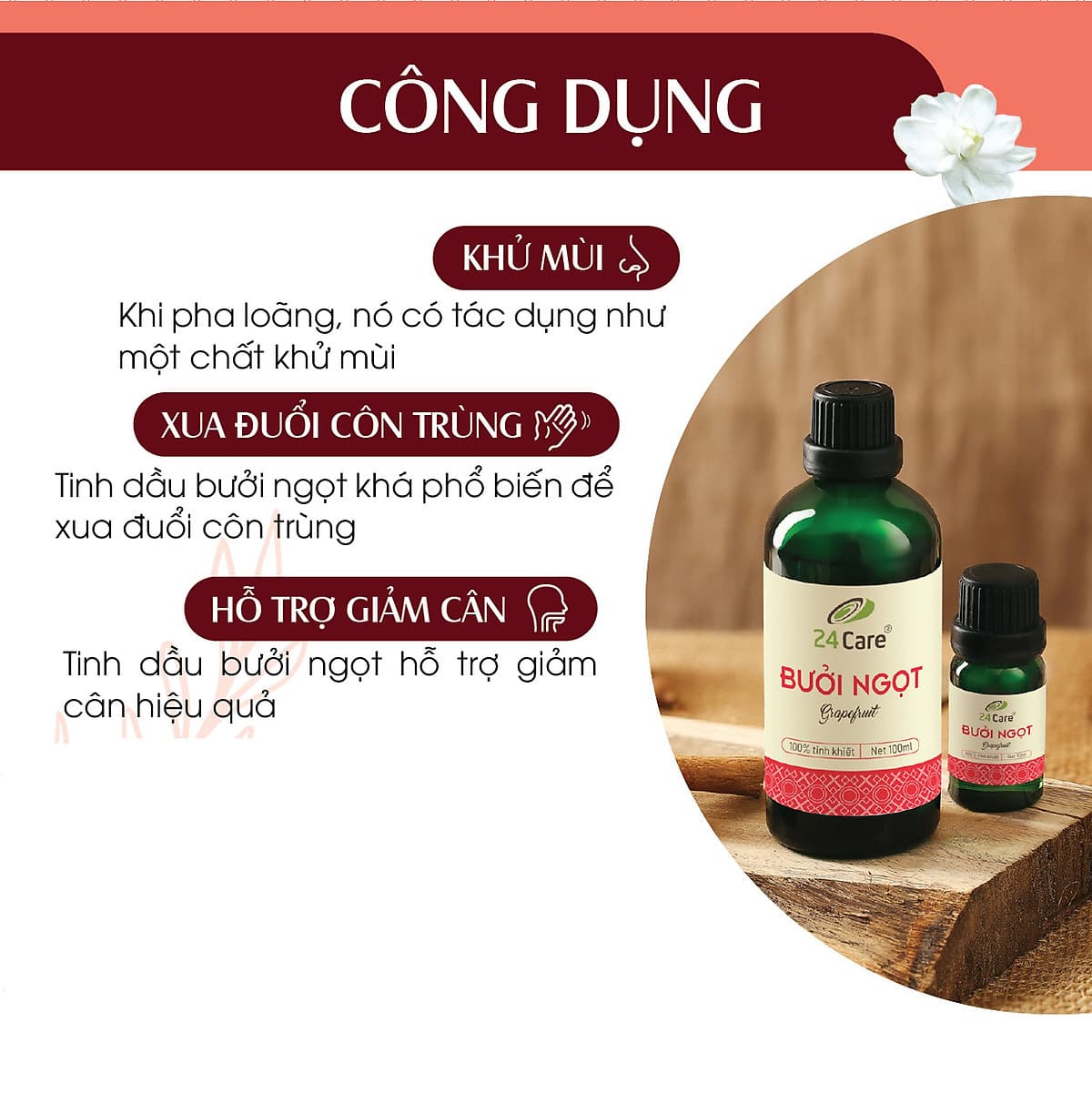 Tinh dầu Bưởi Úc 24Care 100ML - Chiết xuất thiên nhiên, khử mùi, thơm phòng, thư giãn tinh thần.