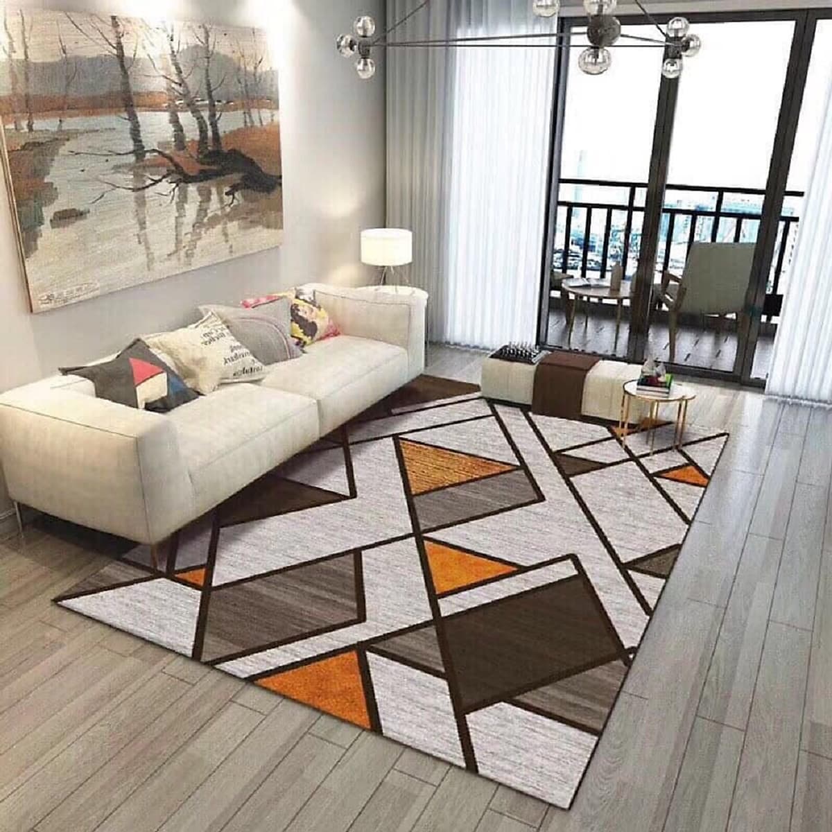 Thảm trang trí trải sàn Sofa phòng khách sang trọng hiện đại Bali in 3D Nhung nỉ lì cao cấp BL41 - Đa Giác Cam