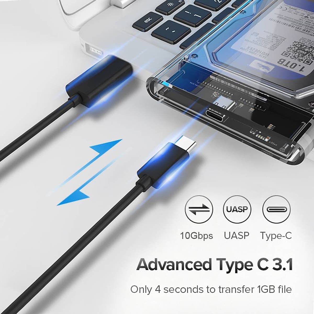 Hộp đựng ổ cứng HDD/SSD 2.5" QGeeM Gen2|cổng USB C/3.1, Type C to SATA|SATA I II III, PS4 hỗ trợ UASP tốc độ cao 6Gbps kèm cáp Type C to USB A-Hàng Chính Hãng