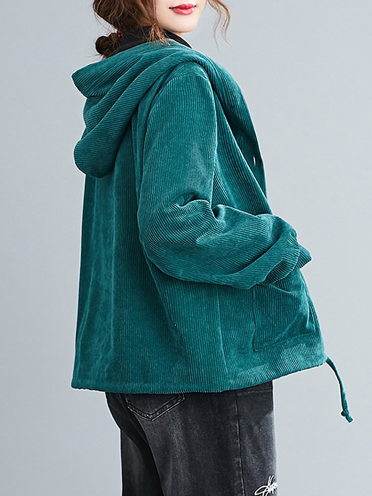 Women Winter Hooded Coat Corduroy Fleece Lining Buttons Pockets Adjustable Drawstring Loose Casual Warm Outerwear