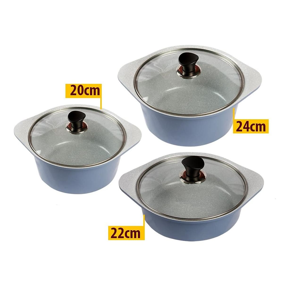 Bộ 3 nồi đúc ceramic cao cấp 2 tay cầm (20 – 22 –  24cm) tặng 1 cặp nhấc nồi sillicon (màu ngẫu nhiên)