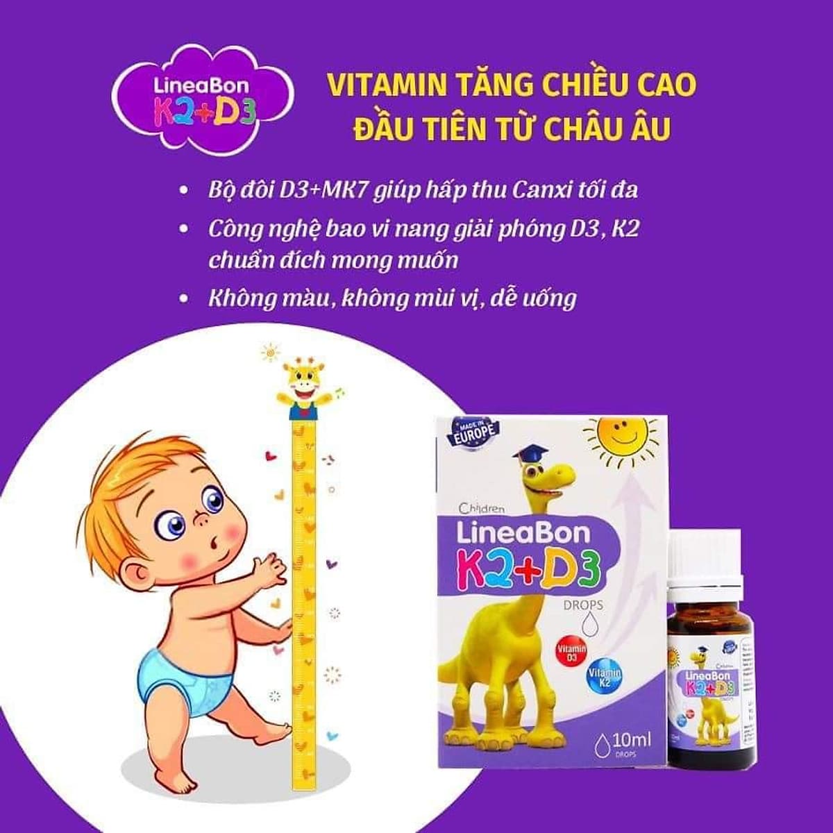 Vitamin hỗ trợ chống còi xương, tăng chiều cao cho trẻ sơ sinh và trẻ nhỏ LineaBon K2 + D3 