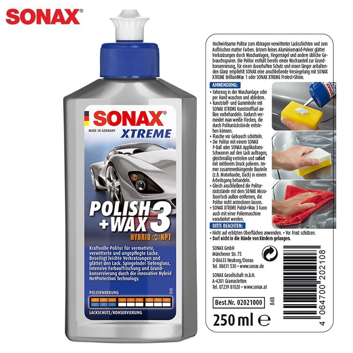 Dung dịch xóa xước, đánh bóng và bảo vệ sơn xe ô tô, xe hơi 3 trong 1 Sonax Wax 250 ml 202100