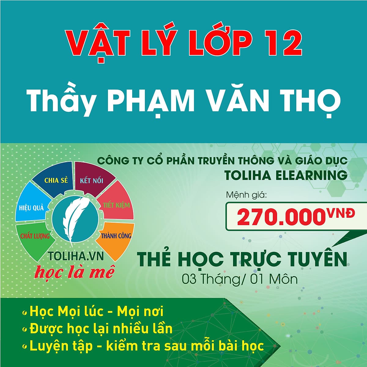 Học Online VẬT LÝ LỚP 12 - Thầy PHẠM VĂN THỌ - Toliha.vn - khóa 3 Tháng