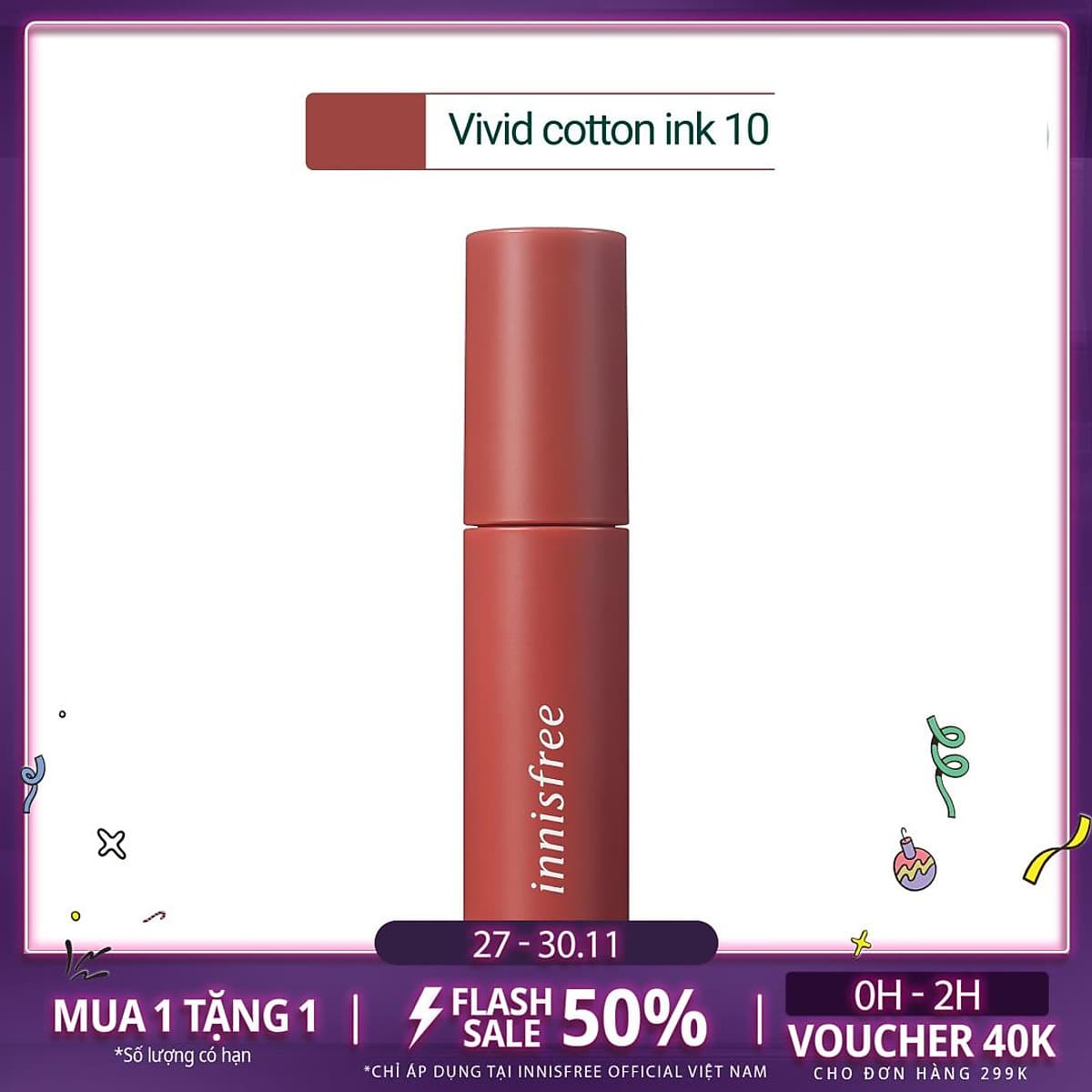 Son Tint Lì Mềm Mượt Innisfree Vivid Cotton Ink 4g
